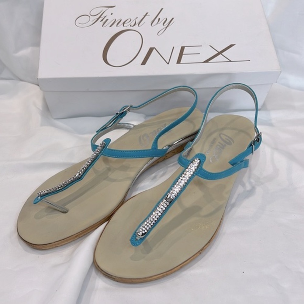 Onex Tara Turquoise Rhinestone Thong Wedge Sandal size 10 (fits like 9-9…